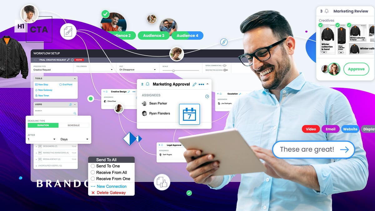 man holding tablet and background of user interface of process designs 