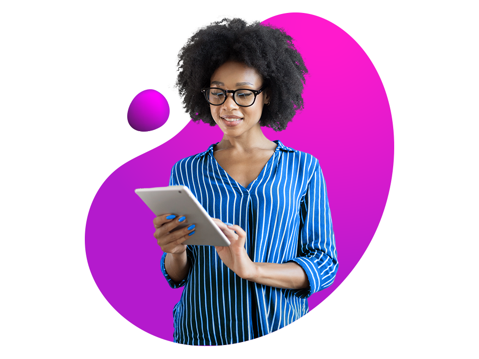 african american woman with blue striped shirt and glasses holding and using a tablet